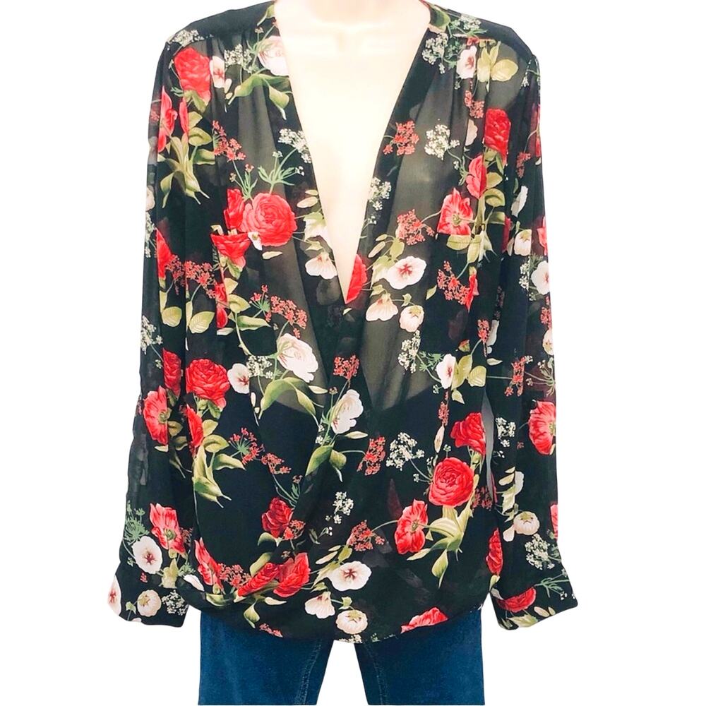 Chelsea & Theodore Black Red Floral Draped Surplice V Neckline Sheer Blouse